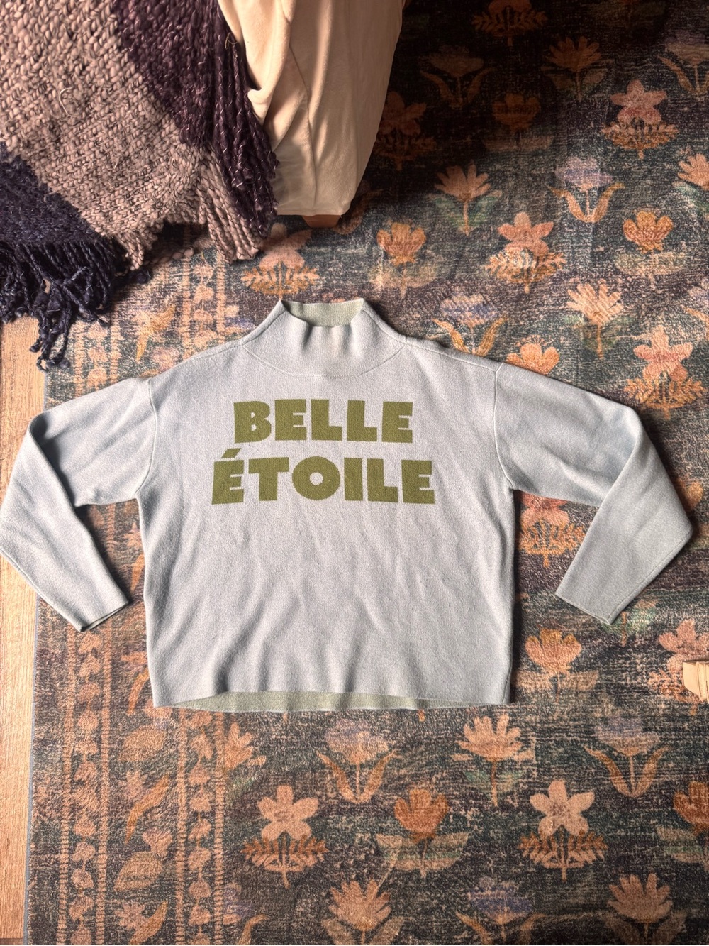 Anthropologie Maeve Light Blue Mock-Neck Sweater with Olive Graphic